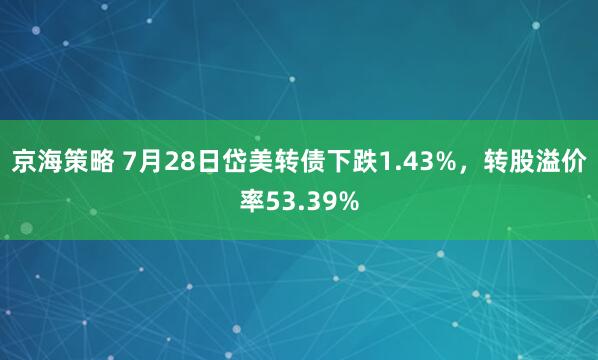 京海策略 7月28日岱美转债下跌1.43%，转股溢价率53.39%